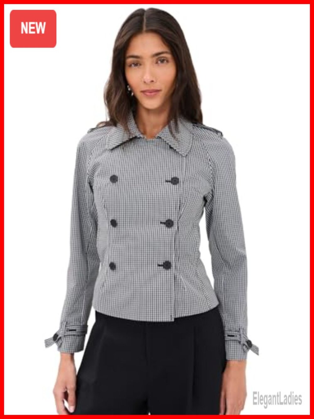 Women's Checkered Double-Breasted Casual Jacket Lightweight Lined Long Sleeve